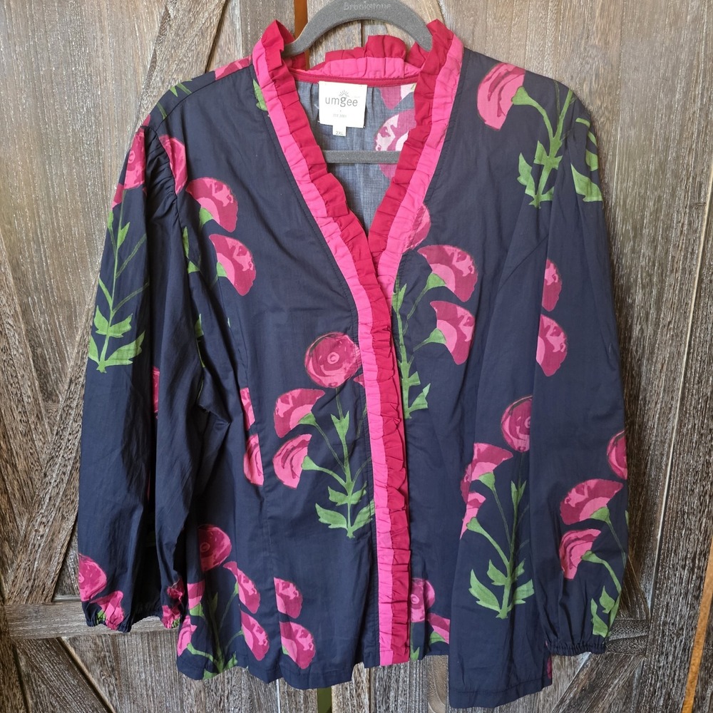 Umgee Shirt Women's Size 2XL Navy Pink Floral Button Up Balloon Sleeve Ruffles